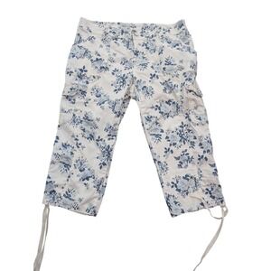 Faded Glory Women Blue Floral Cargo Capri Pants Size 16 White Cropped Drawstring